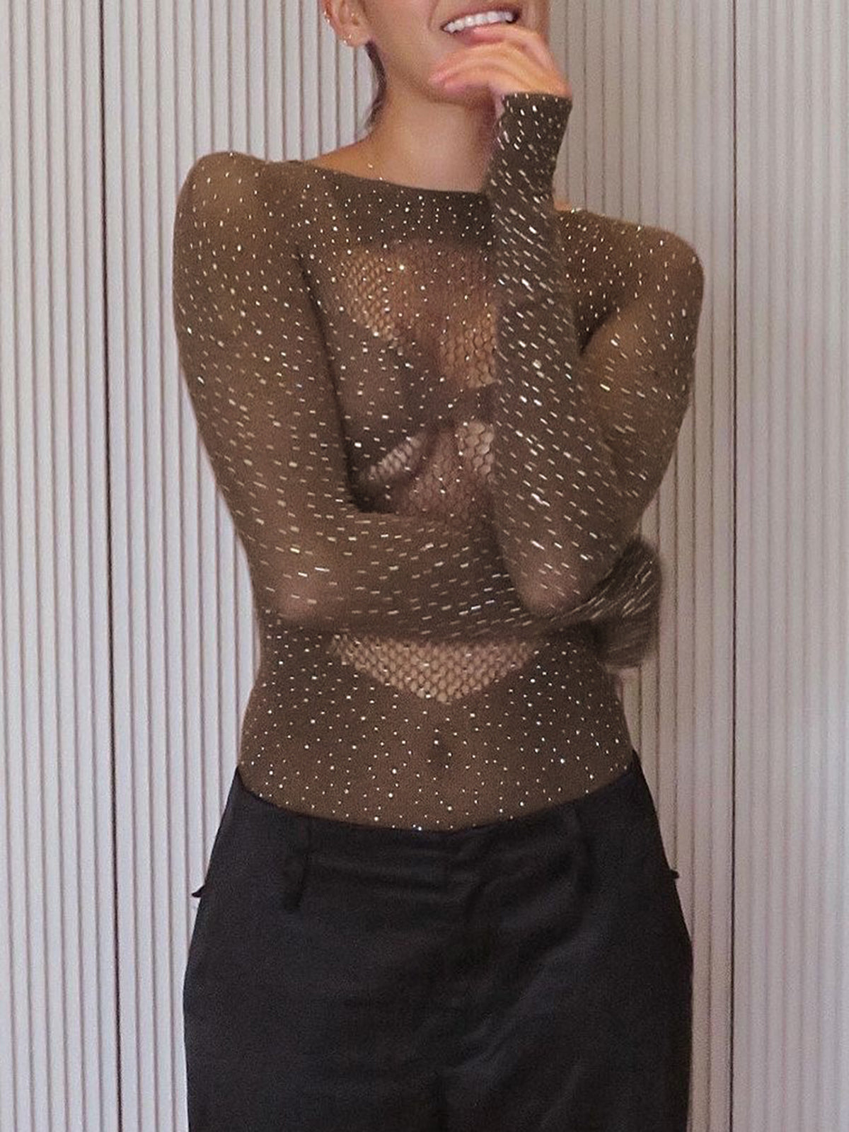Parlak Taşlı Transparan Bodysuit